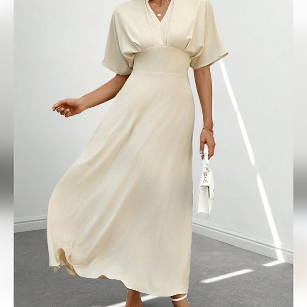 Elegant Cream Midi Dress with V-Neck